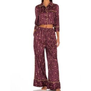 Intimately Free People Floral Pajama Party Burgundy Set Top Size S Pants Size L